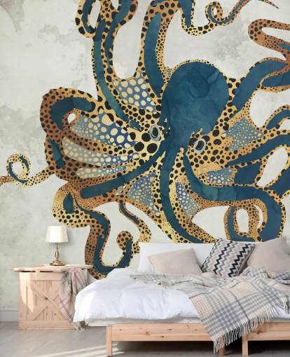 Wandbild Underwater Dream VI von SpaceFrog Designs für Badezimmer, personalisierbar mit Oktopus-Tapete in Marineblau und Gold