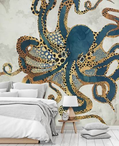 marinblå och guld anpassningsbar bläckfisk tapetväggmålning kallad Underwater Dream VI av SpaceFrog Designs för badrum