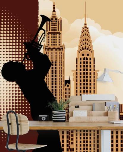 Saksofon spiller silhuett av Empire State Bakgrunn