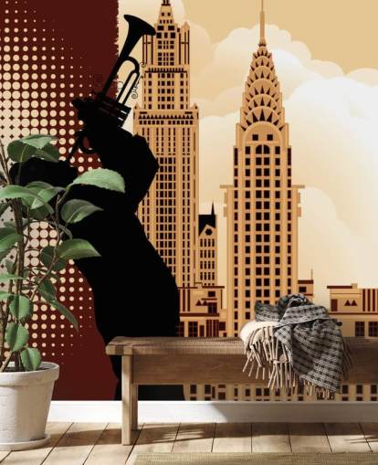 Saxofon spiller silhuet af Empire State Baggrund