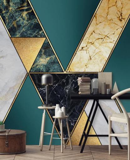 carta da parati con piastrelle art deco verde acqua, oro, bianco e nero