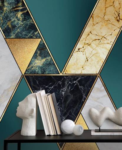 teal, guld, svart och vitt art deco kakel tapeter