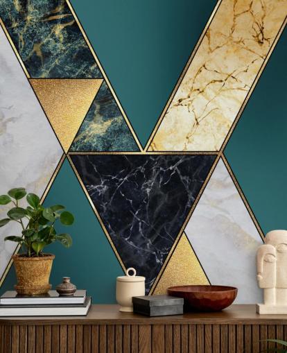 krikand, guld, sort og hvid art deco flise tapet