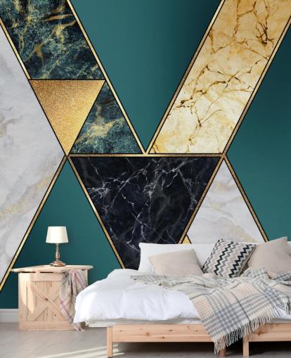 teal, guld, svart och vitt art deco kakel tapeter