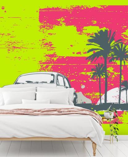 Carro desenhado em papel de parede de fundo colorido