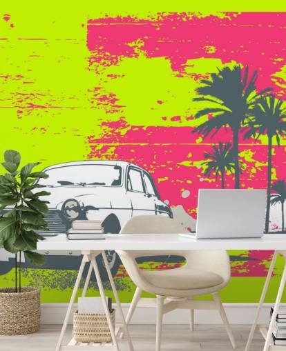 Coche dibujado en papel pintado de fondo colorido