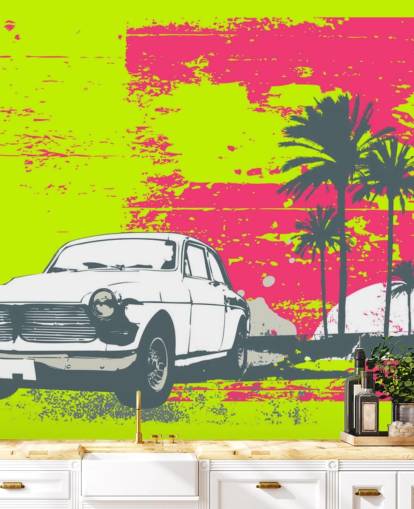 Gezeichnetes Auto auf buntem Hintergrund Wallpaper