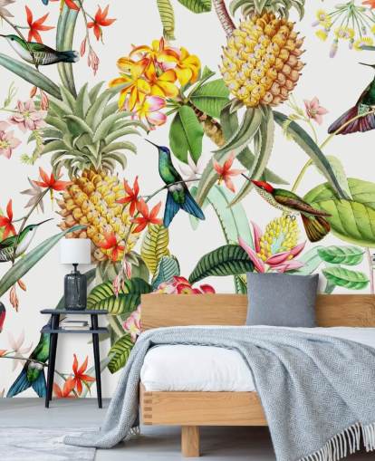 Ananas, Hummingbird og blomster på hvit bakgrunn bakgrunn