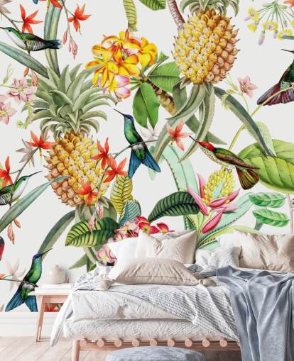 Abacaxi, beija-flor e flores no papel de parede de fundo branco