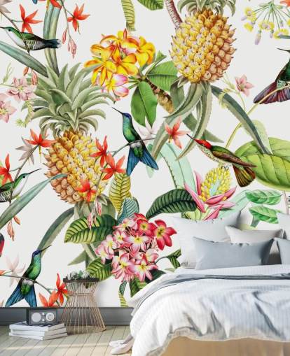 Pineapple, Hummingbird and Flowers on White Background Wallpaper