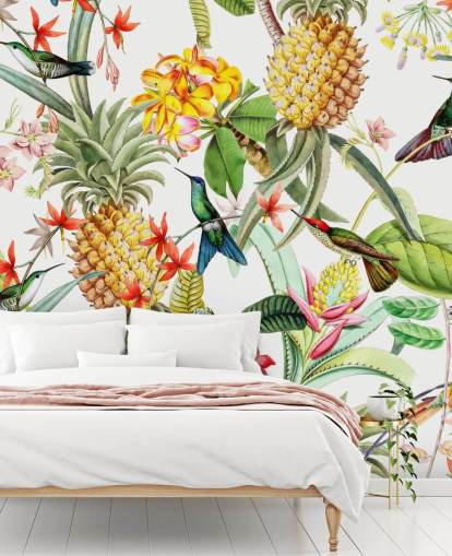 Ananas, colibri et fleurs sur fond blanc papier peint
