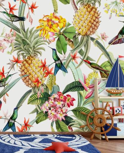 Pineapple, Hummingbird and Flowers on White Background Wallpaper