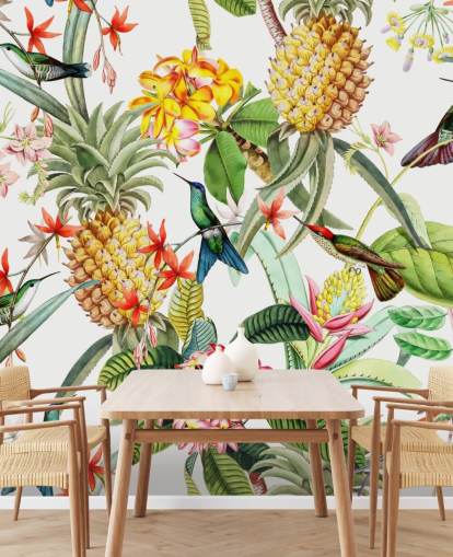 Papel pintado Piña, colibrí y flores sobre fondo blanco Papel pintado Piña, colibrí y flores sobre fondo blanco