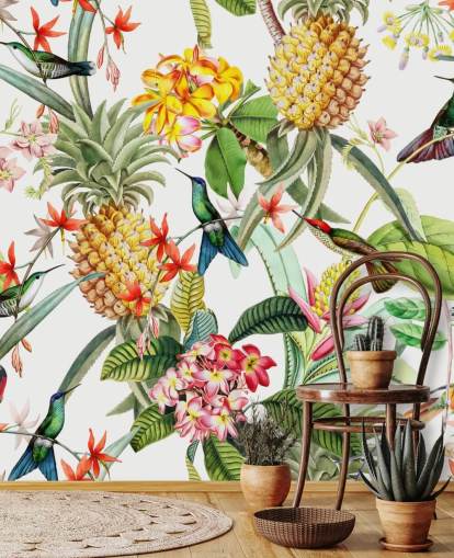 Ananas, kolibri og blomster på hvid baggrund tapet Ananas, kolibri og blomster på hvid baggrund tapet