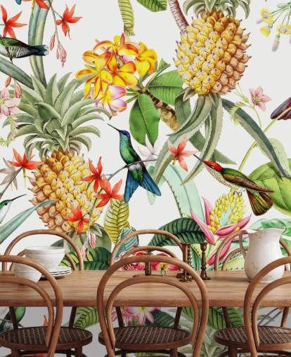 Pineapple, Hummingbird and Flowers on White Background Wallpaper