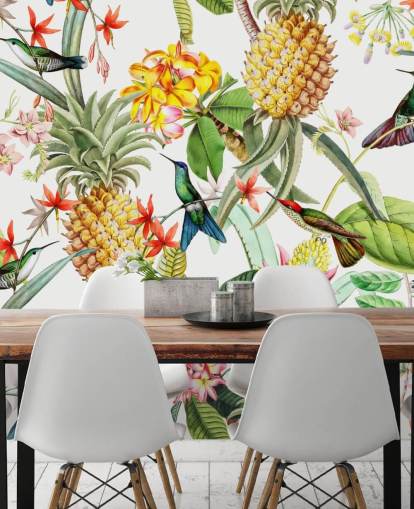 Ananas, Kolibri ja kukat valkoisella taustalla Taustakuva