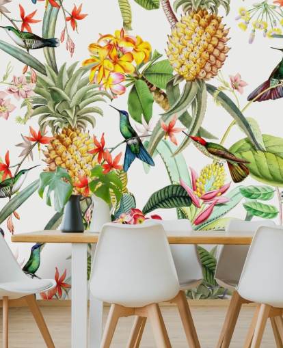 Ananas, kolibrie en bloemen op witte achtergrond behang