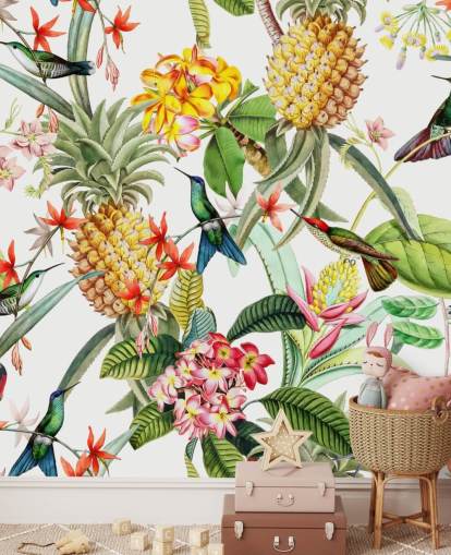 Ananas, colibri et fleurs sur fond blanc papier peint Ananas, colibri et fleurs sur fond blanc papier peint