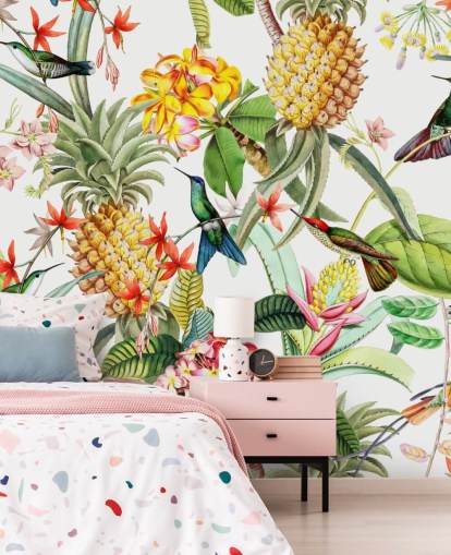 Abacaxi, beija-flor e flores no papel de parede de fundo branco