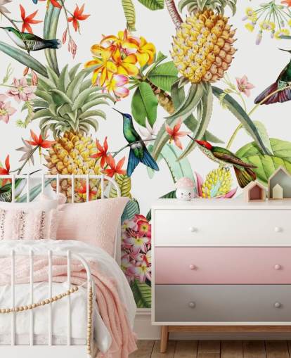 Pineapple, Hummingbird and Flowers on White Background Wallpaper