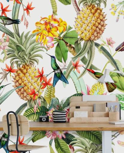Pineapple, Hummingbird and Flowers on White Background Wallpaper