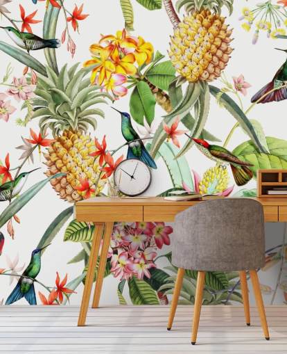 Carta da parati ananas, colibrì e fiori su sfondo bianco