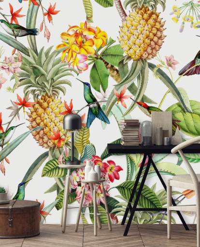 Ananas, colibri et fleurs sur fond blanc papier peint
