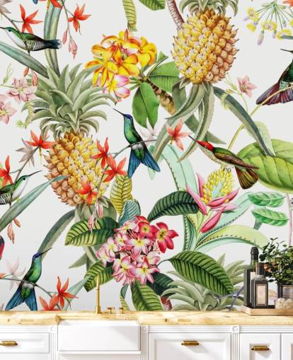 Ananas, Kolibri ja kukat valkoisella taustalla Taustakuva