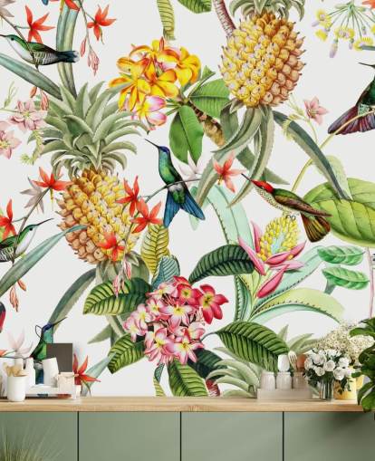 Abacaxi, beija-flor e flores no papel de parede de fundo branco