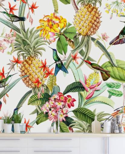 Ananas, kolibrie en bloemen op witte achtergrond behang Ananas, kolibrie en bloemen op witte achtergrond behang