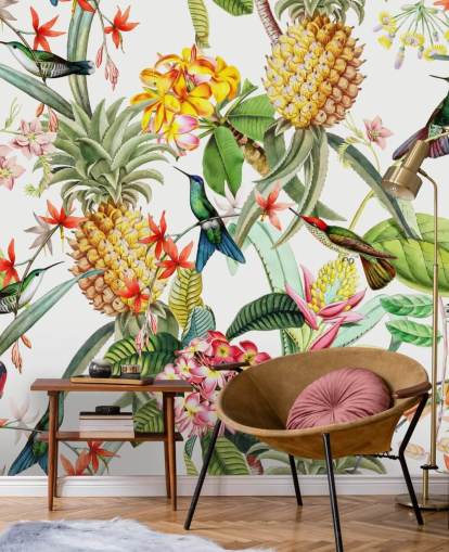 Pineapple, Hummingbird and Flowers on White Background Wallpaper