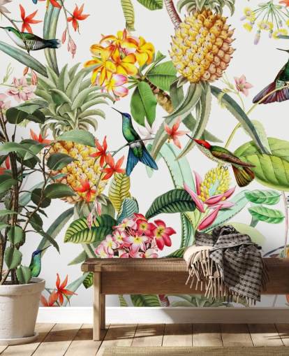 Ananas, Hummingbird og blomster på hvit bakgrunn bakgrunn