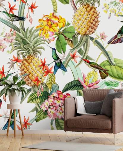 Ananas, kolibri och blommor på vit bakgrund