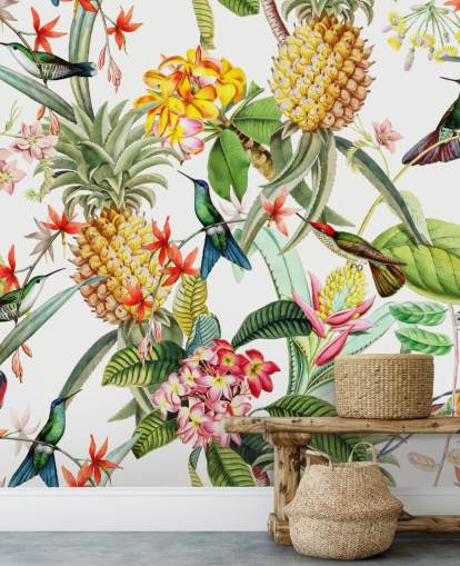 Ananas, colibri et fleurs sur fond blanc papier peint