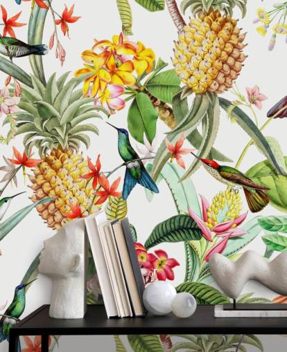 Pineapple, Hummingbird and Flowers on White Background Wallpaper