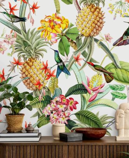 Ananas, kolibri och blommor på vit bakgrund