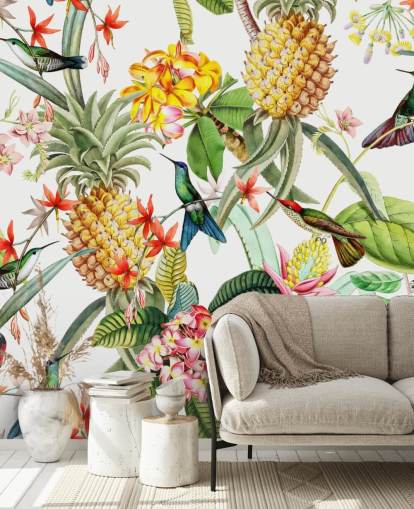 Carta da parati ananas, colibrì e fiori su sfondo bianco