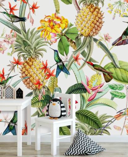 Pineapple, Hummingbird and Flowers on White Background Wallpaper