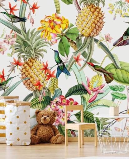 Ananas, kolibri och blommor på vit bakgrund