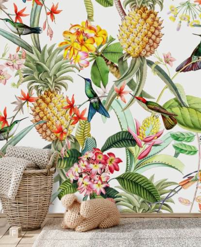 Pineapple, Hummingbird and Flowers on White Background Wallpaper