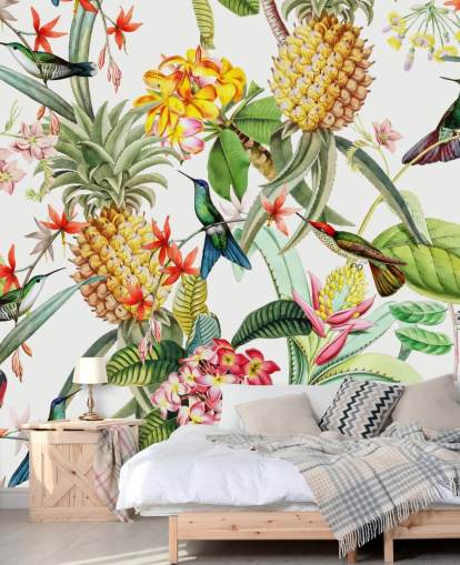 Abacaxi, beija-flor e flores no papel de parede de fundo branco