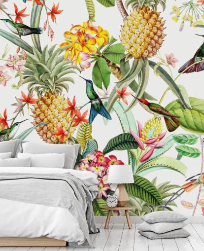 Pineapple, Hummingbird and Flowers on White Background Wallpaper