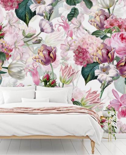 Papel pintado Rosas y flores blancas