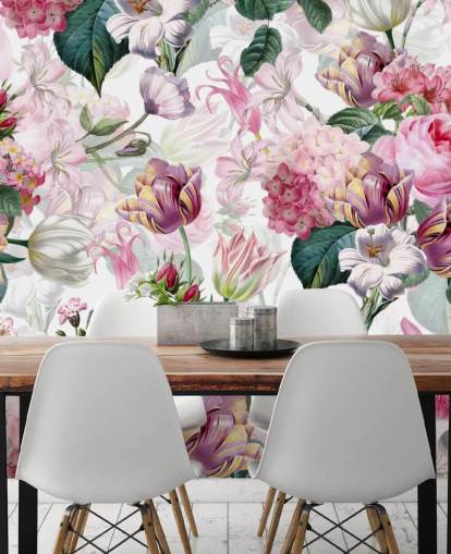 Lys rosa roser og hvite blomster tapet Lys rosa roser og hvite blomster tapet