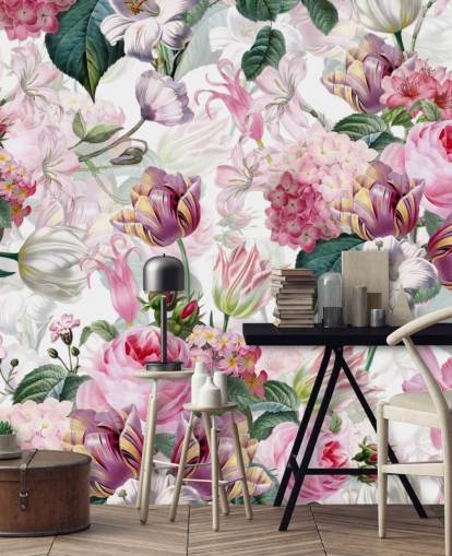 Lys rosa roser og hvite blomster tapet Lys rosa roser og hvite blomster tapet