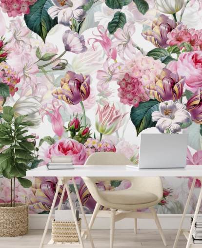 Lys rosa roser og hvite blomster tapet