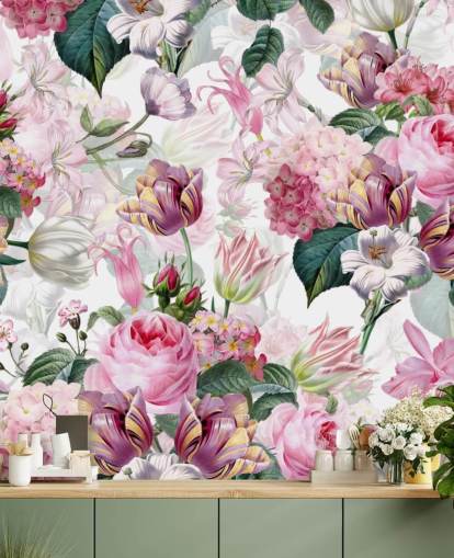 Lys rosa roser og hvite blomster tapet