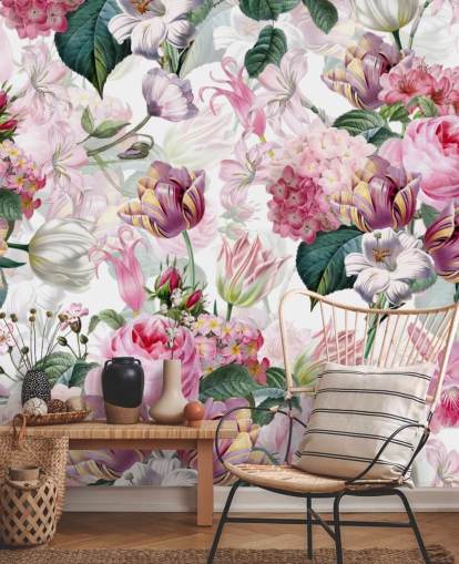 Lys rosa roser og hvite blomster tapet