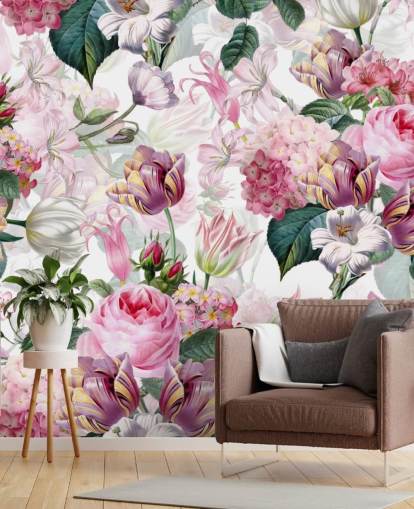 Papel pintado Rosas y flores blancas