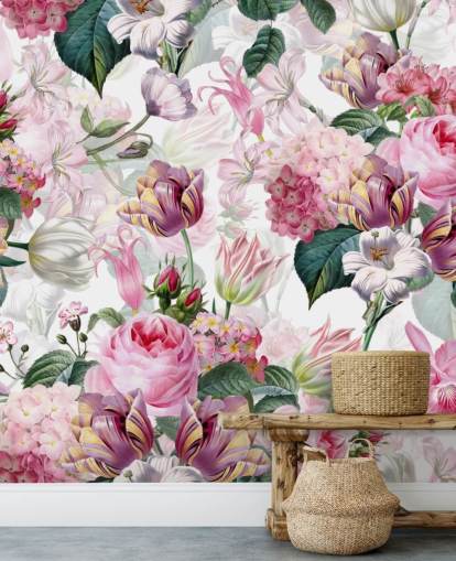 Light Pink Roses and White Flowers Wallpaper